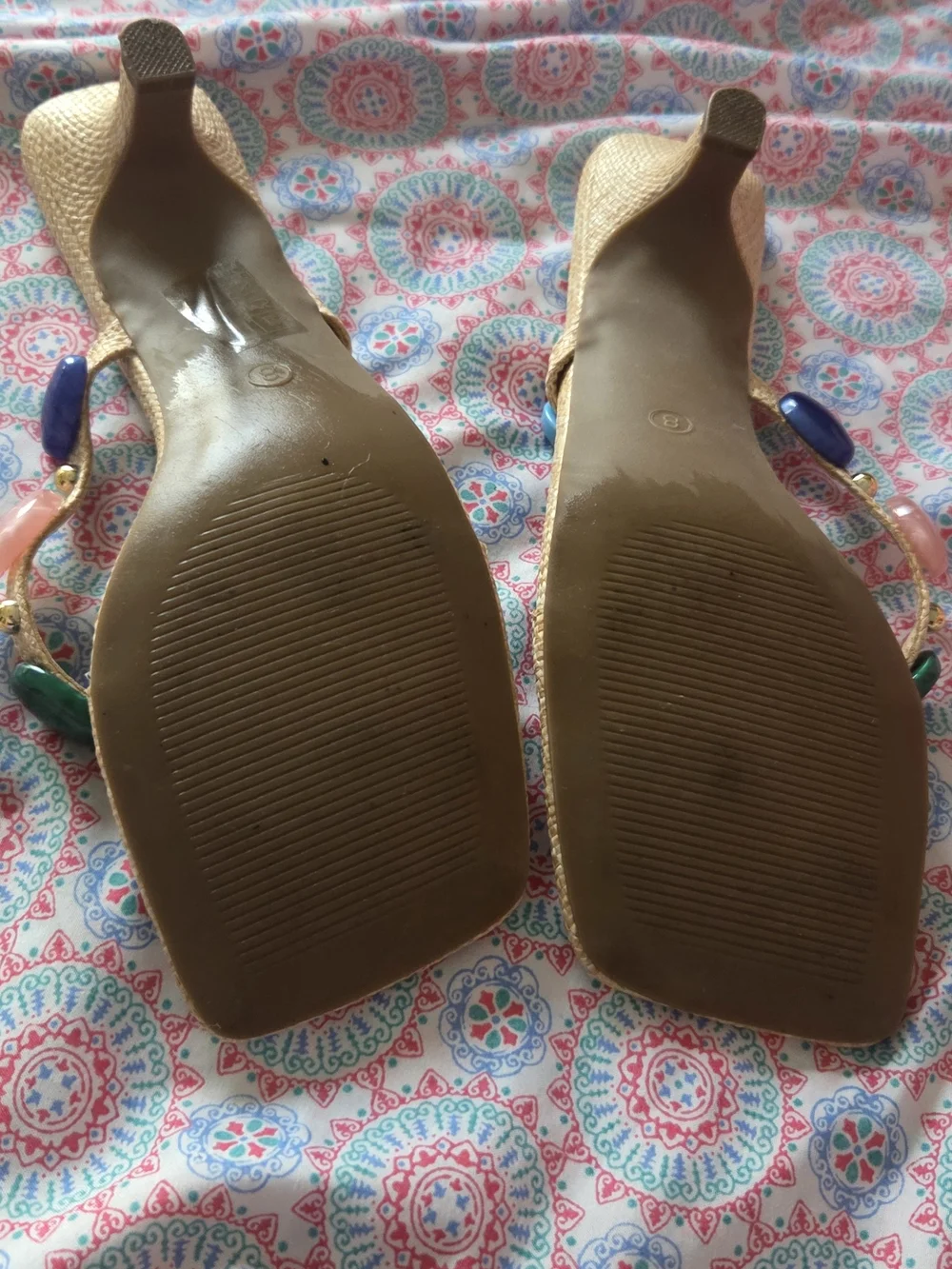 SHEIN Beige Jeweled Thong Heels with Multicolored Gem Accents